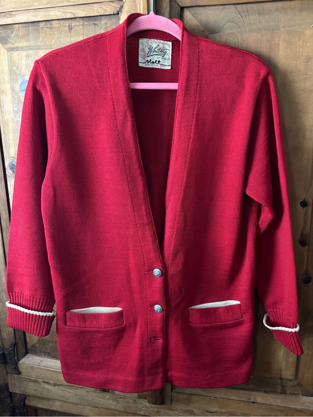 Vintage Whiting Red Button Front Cardigan with Cream Trim